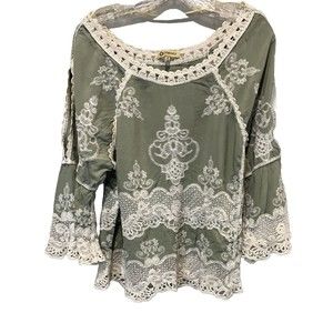 Democracy Green Boho Woven Crochet Lace Trim Peek A Boo Sleeves Peplum Top SZ M